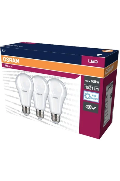 Osram Led Value 13W 6500K 1521lm E27 Duy Beyaz Işık 3'lü Ampul ürün görseli 1