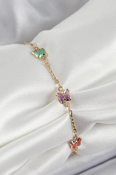 Pirinç Gold Renk Karışık Renk Kelebek Zirkon Taşlı Kadın Bileklik TJ-BB7057 ürün görseli 1