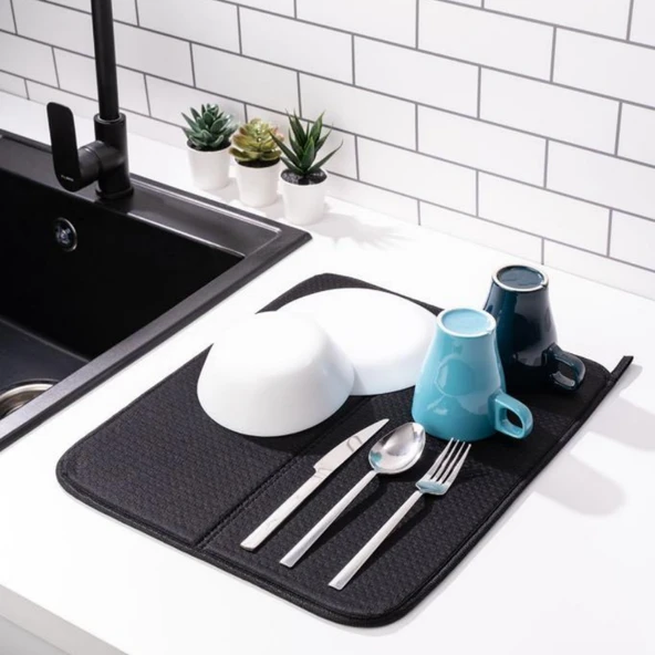 Mikrotex Bulaşık Matı Süper Emici Bulaşık Kurutma Matı 45x36cm Tezgah Üstü Bulaşık Matı Siyah ürün görseli 1