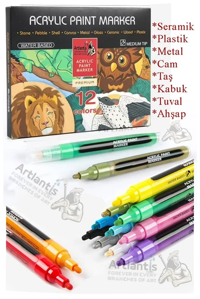 12 Renk Akrilik Markör Keçeli Kalem 1 Adet 12 li Acrylic Marker Taş Cam Metal Seramik Plastik Tuval Ahşap 0.7-1 cm ürün görseli 1