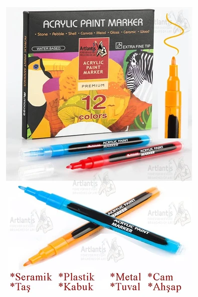 12 Renk Akrilik Markör Keçeli Kalem 1 Adet 12 li Acrylic Paint Marker Taş Cam Metal Seramik Plastik Tuval Ahşap 0.5 cm ürün görseli 1