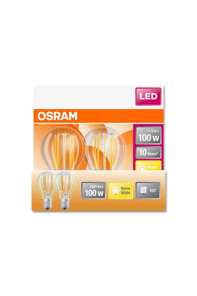 Osram Led Flament 11W 2700K 1521lm E27 Duy Sarı Işık 2'li Ampul ürün görseli 1
