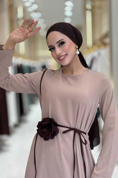 Gül Detaylı Elbise 3976 Vizon - Resim 4