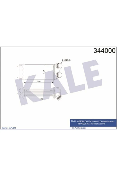 Kale 344000 OTO Radyatör  Turbo Radyatörü 307 00- 1.6 HDI / C4 04- 1.6 HDI C4 Picasso 06- 300X147X85 ürün görseli 1