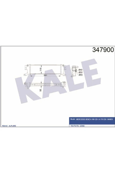 Kale 347900  Turbo Radyatörü A-Class 97- W168 A160 Cdı A170 Cdı Vaneo 02- 1.7 Cdı 391X115X32 ürün görseli 1