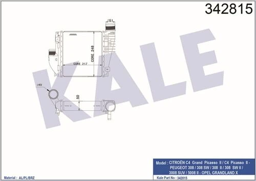 Kale 342815 OTO Radyatör  Turbo Radyatörü 308 13- 1.2 Thp 1.2 Vtı 1.6 HDI 1.6 Thp 1.6 Bl Thp 1.6 Isıtma Soğutma Sistemleri 38079548 ürün görseli 1