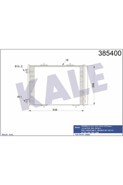 Kale 385400  Klima Radyatörü 207 06- 208 12- 1007 05- 2008 13- / C2 04- C3 I 04- C3 II 09- 538X368X16 ürün görseli 1