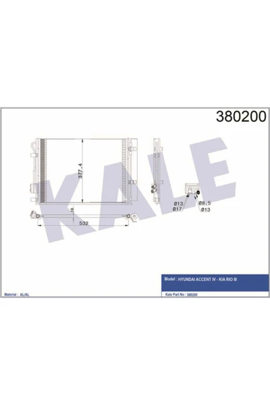 Kale 380200 OTO Radyatör  Klima Radyatörü Accent Blue 1.4İ Rio III Al Al 530X371X16 ürün görseli 1