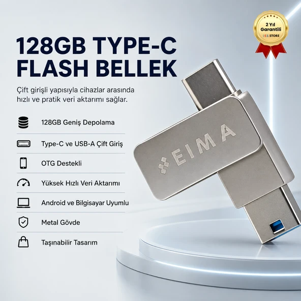 128GB Type-C USB Flash Bellek Çift Girişli OTG Destekli Yüksek Hızlı Taşınabilir Depolama ürün görseli 1