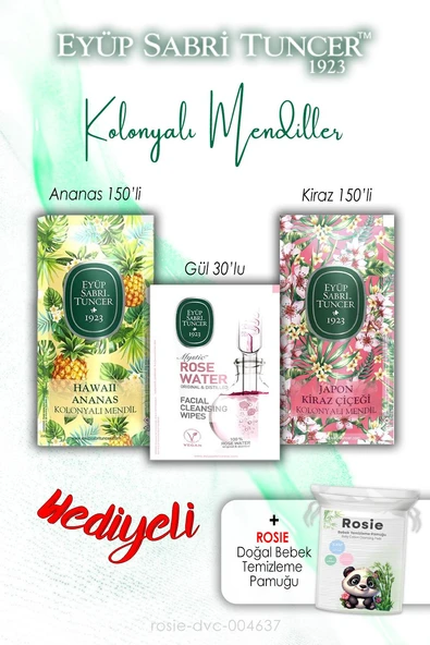30'lu Gül, 150'li Ananas ve Kiraz Kolonyalı Mendil ve ROSIE ürün görseli 1
