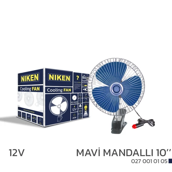 Araç Içi Vantilatör Mavi Mandallı 12v 10 inç üniversal model Niken ürün görseli 1