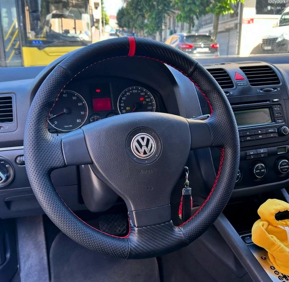 Volkswagen Polo Araca ÖZGÜ Direksiyon Kılıfı NOKTA KARBON KIRMIZI YÜZÜK ürün görseli 1