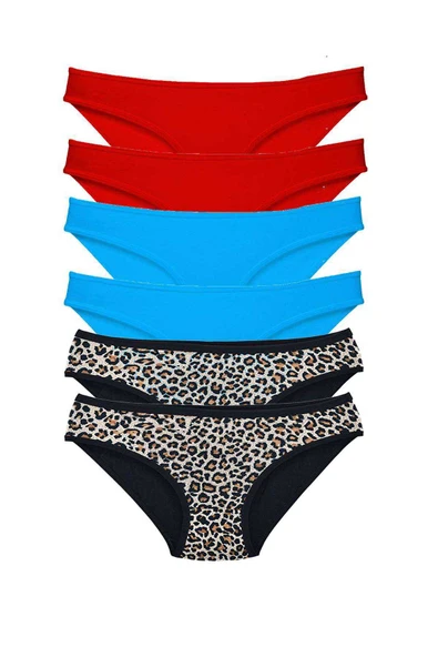 6 Adet Likralı Kadın Slip Külot Leopar Kırmızı Mavi ürün görseli 1