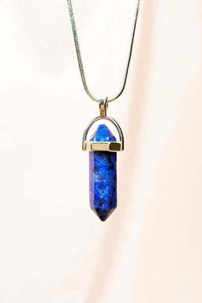 Lapis  Lazuli Doğal Taşı Zincirli El Yapımı Tasarımlı Kolye Uç: 3,5 cm Zincir: 20 cm Kutulu ürün görseli 1