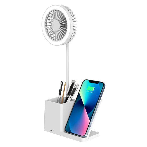 S-LINK SL-M9055 BEYAZ TYPE-C 10W KABLOSUZ ŞARJ CİHAZI FANLI KALEMLİKLİ MASA LAMBASI ürün görseli 1