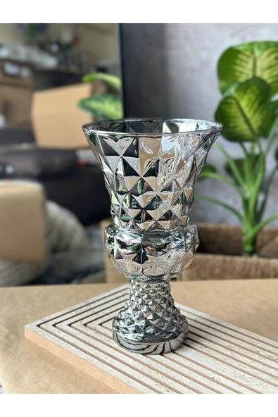 Diamond Desenli Kristal Cam Vazo - 28x15 cm Hediyelik lüx vazo| Modern & Lüks Dekoratif Büyük Boy Vazo ürün görseli 1