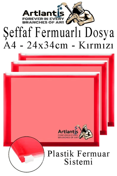A4 Şeffaf Fermuarlı Dosya Kırmızı 3 Adet Pvc Fermuarlı Evrak Dosyası 24x34cm Çıtçıtlı Belge Evrak Dosyası Ofis Büro Okul ürün görseli 1