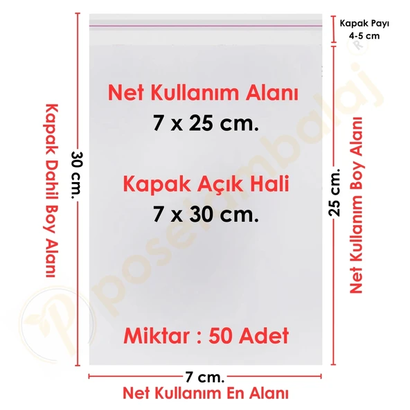 7x25+5 cm.(7x30) 50 Adet Şeffaf Bantlı Yapışkanlı OPP Poşet ürün görseli 1