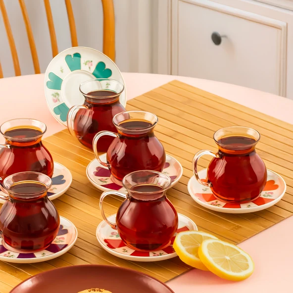 Perotti 17901 Beyoğlu 12 Parça 6 Kişilik Çay Seti 210 ml Borosilikat Cam Kulplu Tombik Bardak ve Porselen Çay Tabağı Takımı ürün görseli 1