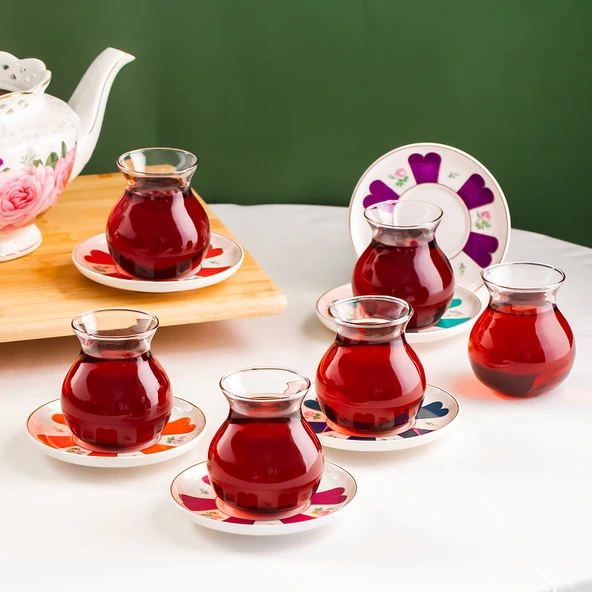 Perotti 17900 Beyoğlu 12 Parça 6 Kişilik Çay Seti 210 ml Borosilikat Cam Tombik Bardak ve Porselen Çay Tabağı Takımı ürün görseli 1