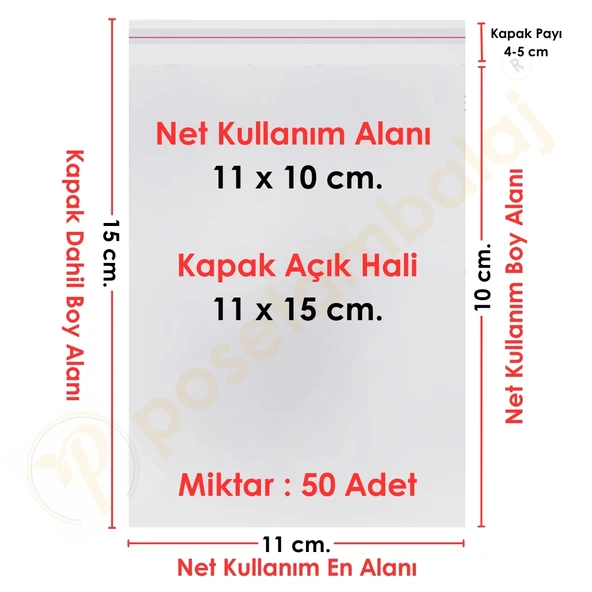 11x10+5 cm.(11x15) 50 Adet Şeffaf Bantlı Yapışkanlı OPP Poşet ürün görseli 1
