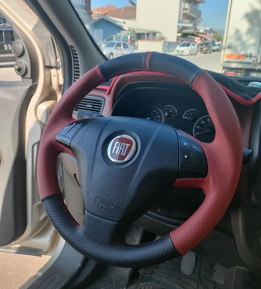 Fiat Line Tuşlu Direksiyonlara Uyumlu Araca Özgü Dikmeli Direksiyon Kılıfı Kırmızı Karbon ürün görseli 1