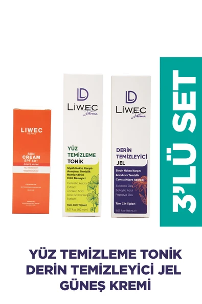 LIWECDERMA Liwec Derma 3'lü Set (DERİN TEMİZLEYİCİ JEL - YÜZ TEMİZLEME TONİK - GÜNEŞ KREMİ SPF 50+) ürün görseli 1