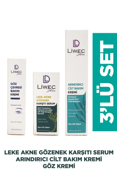 LIWECDERMA Liwec Derma 3'lü Set (ARINDIRICI BAKIM KREM - LEKE AKNE KARŞITI SERUM - GÖZ ÇEVRESİ BAKIM KREMİ) ürün görseli 1