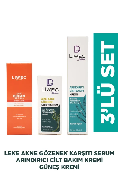 LIWECDERMA Liwec Derma 3'lü Set (ARINDIRICI CİLT BAKIM KREM - LEKE AKNE KARŞITI SERUM - GÜNEŞ KREMİ SPF 50) ürün görseli 1