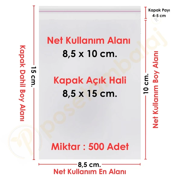 8,5x10+5 cm.(8,5x15) 500 Adet Şeffaf Bantlı Yapışkanlı OPP Poşet ürün görseli 1