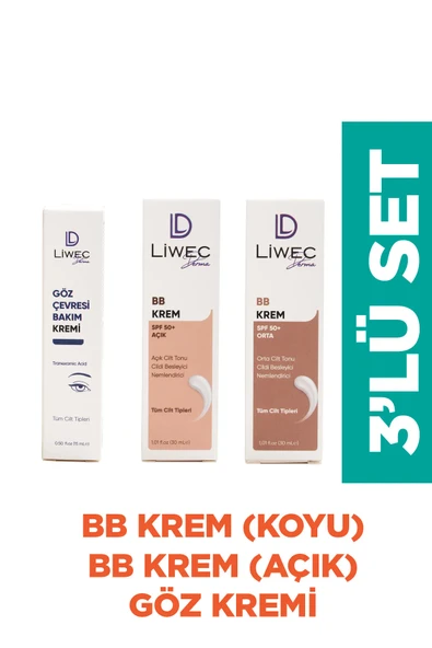 LIWECDERMA Liwec Derma 3'lü Set (BB KREM ORTA - BB KREM AÇIK - GÖZ ÇEVRESİ BAKIM KREMİ) ürün görseli 1