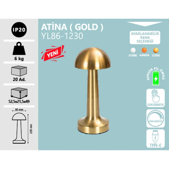 Noas Masa Lambası Atina, Şarj Edilebilir, Dokunmatik, Dimlenebilir, Ayarlanabilir 3 Renk, 95mmx225mm ürün görseli 1