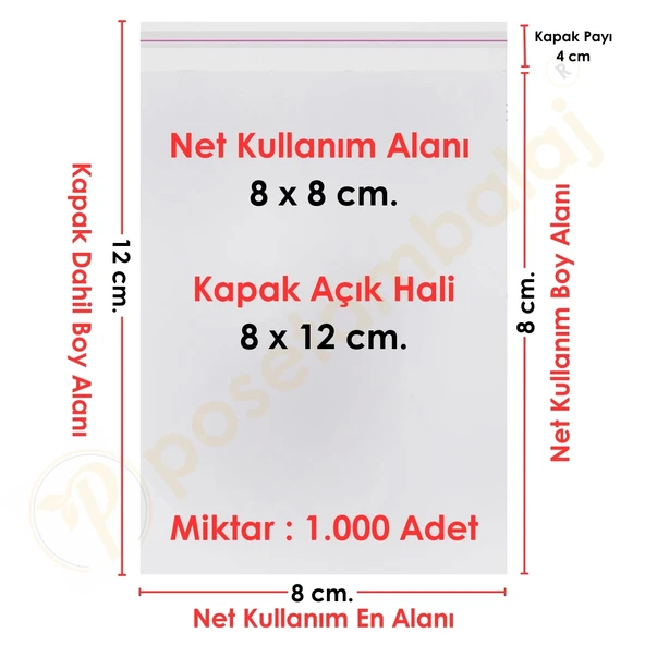 8x8+4 cm.(8x12) 1.000 Adet Şeffaf Bantlı Yapışkanlı OPP Poşet ürün görseli 1