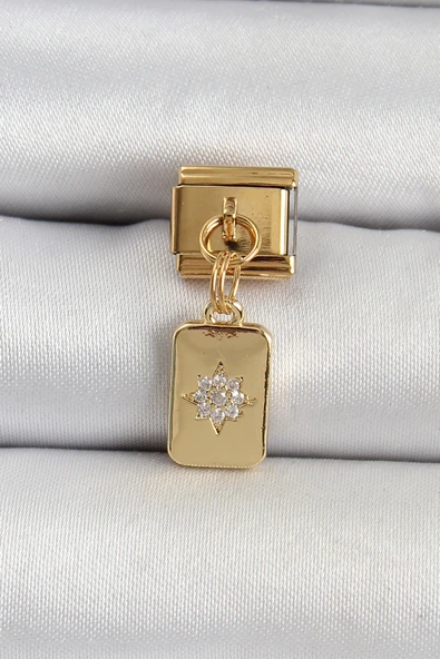 316L Çelik Sallantılı Zirkon Taşlı Kutup Yıldızı Figürlü Dikdörtgen Model Gold Renk Nomination Charm TJ-BC1406 ürün görseli 1