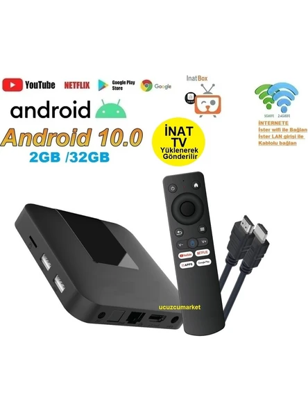 Android 10 Tv Box ( 2GB/32GB Tv Box ( İnat Tv Yüklenerek Gönderilecektir ) ürün görseli 1