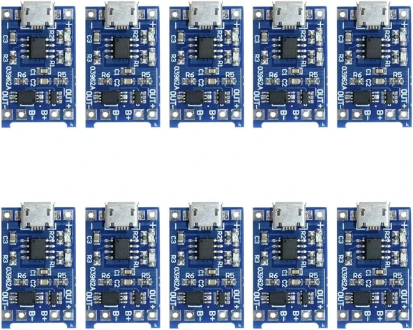 TP4056 Micro USB 1S 3.7V LiPo, Li-ion Pil BMS Korumalı Şarj Devresi - 10 Adet ürün görseli 1