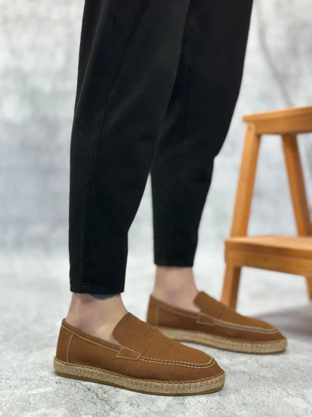 ET0359 Doğal Deri Tozu Bağcıksız Kauçuk El Yapımı Espadril Taban Taba Renk Erkek Ayakkabı ürün görseli 1