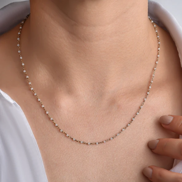 14K Altın Kaplama Ay Taşı Rosary Zincir Gümüş Kolye - Beyaz Minimal Tesbih Zincir Kadın Kolye- CNS00639 ürün görseli 1