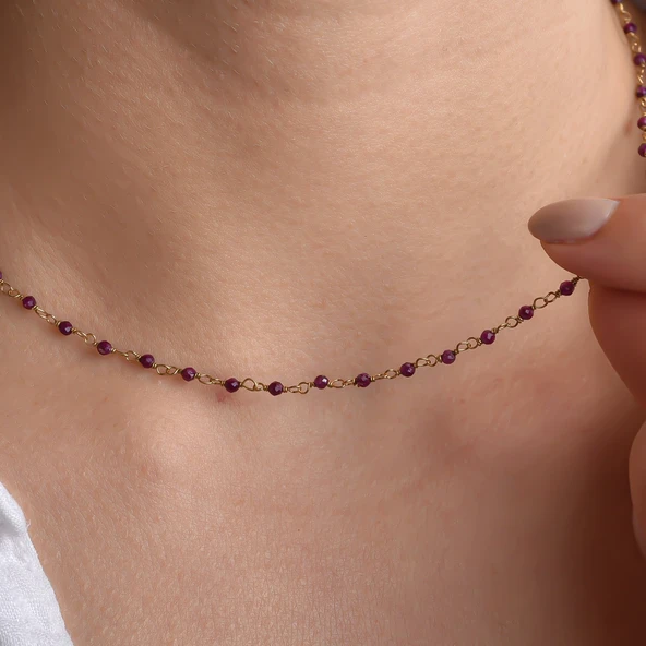 14K Altın Kaplama Lal Taşı Rosary Zincir Gümüş Kolye - Kırmızı Doğum Taşı Minimal Zincir Kadın Kolye- CNS00640 ürün görseli 1