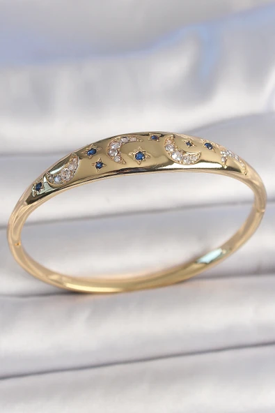 Pirinç Gold Renk Zirkon Taşlı Hilal İşleme Mavi Taşlı Yıldız Detay Kadın Kelepçe - TJ-BB6920 ürün görseli 1