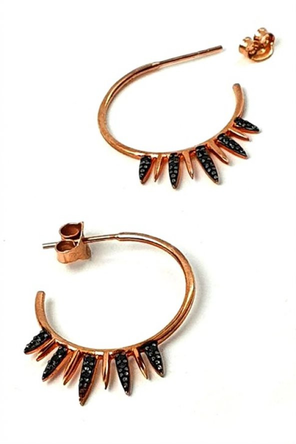 Oniks Taşlı Gümüş Rose Trend Yarım Halka Küpe Cap 2 Cm ürün görseli 1