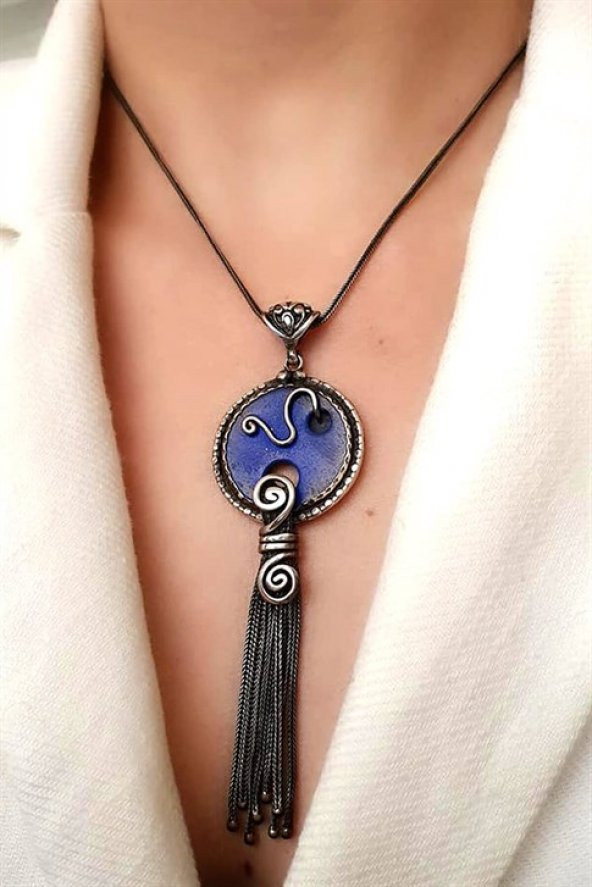 Lapis Taşlı Gümüş Tasarım El İşi Kolye ürün görseli 1