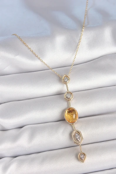 Pirinç Zincir Kehribar Sarı Gold Renk  Zirkon Taşlı Y Kolye - TJ-BKO10230 ürün görseli 1