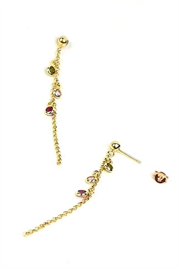 Renkli Swarovski Taşlı 925Ayar Gümüş Altın Kaplama Sallantılı Küpe ürün görseli 1
