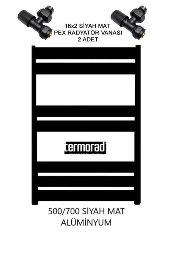 Mat Siyah Alüminyum Havlupan 50*70 Cm Termorad Petsa Slim +2 Adet 16X2 Pex Radyatör Havlupan Vanası Siyah Mat 1/2' ürün görseli 1