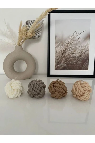 Soya Wax Dekoratif Örgü Yumak Düğüm Mum 4'lü Set Kahve ürün görseli 1