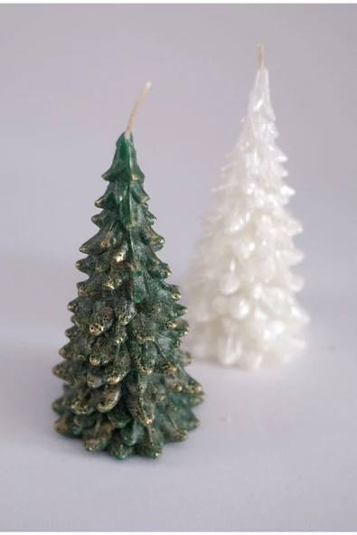 Dekoratif Hediyelik 2'li Çam Ağacı Mum Seti, Yeşil, Beyaz Kokulu Mum Yılbaşı Hediye Pine Tree Candle ürün görseli 1