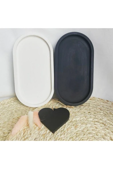 Dekoratif 2'li Oval Beton Biblo Tabak Beton Takı Tabağı Mum Tabağı Organizer Mumluk Tütsülük ürün görseli 1