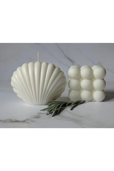 Favori Home 2'li Dekoratif Mum Seti Beyaz Renk Istiridye ve Bubble Set ürün görseli 1
