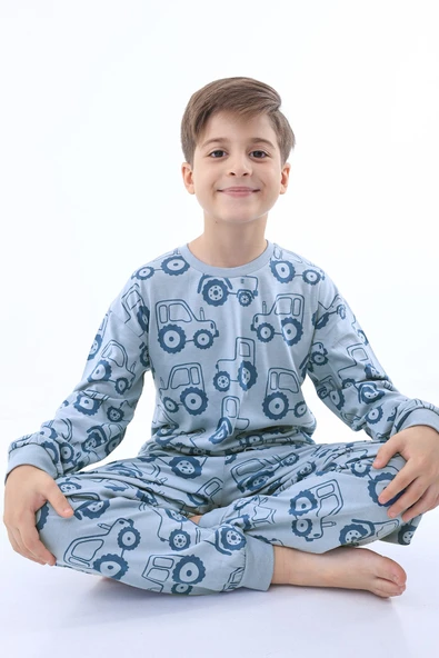 Renkli Mini Arabalar Desenli Erkek Çocuk Fitilli Pijama Takımı ürün görseli 1